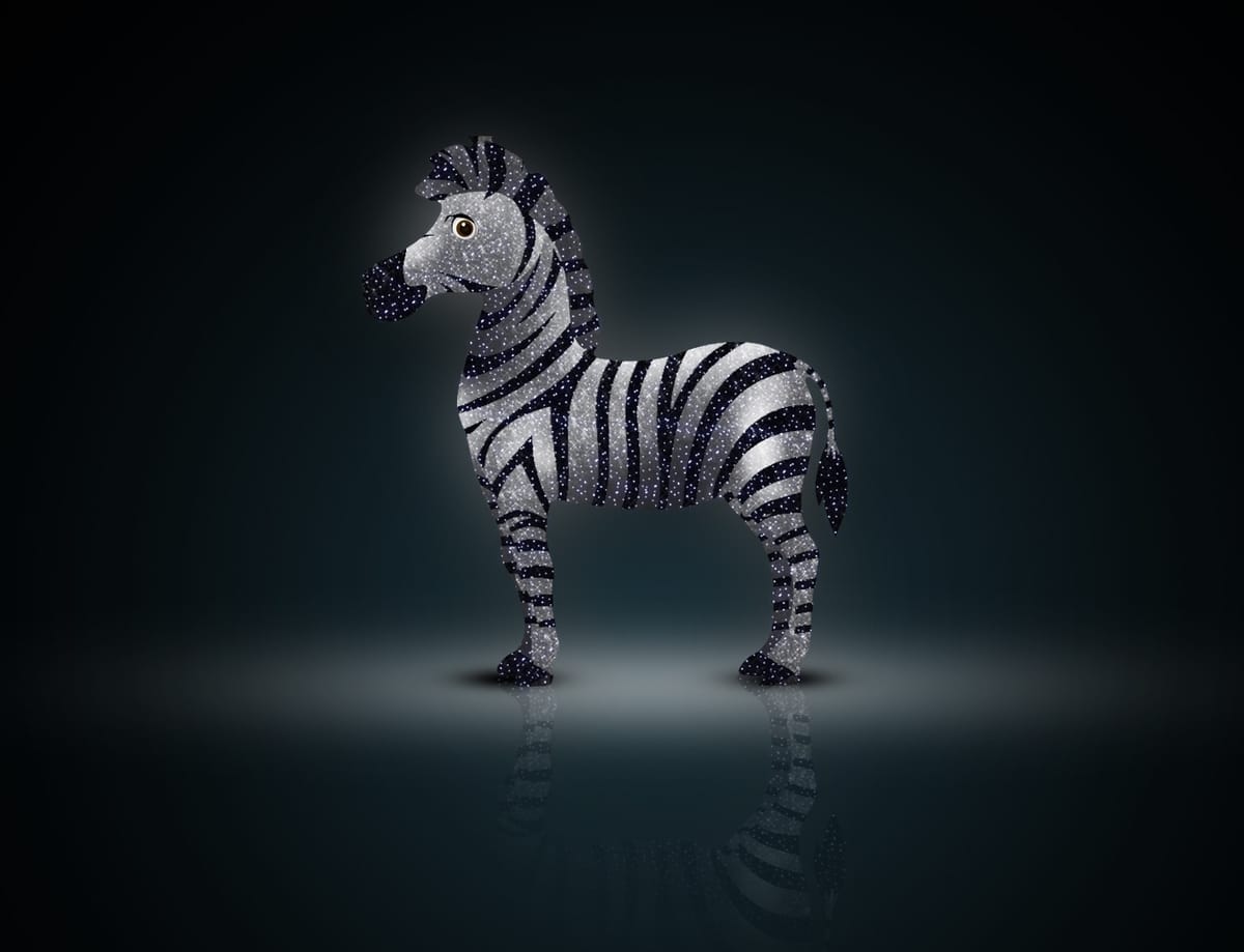 Wizualizacja figury świetlnej: stojąca zebra w czarno-białe pasy