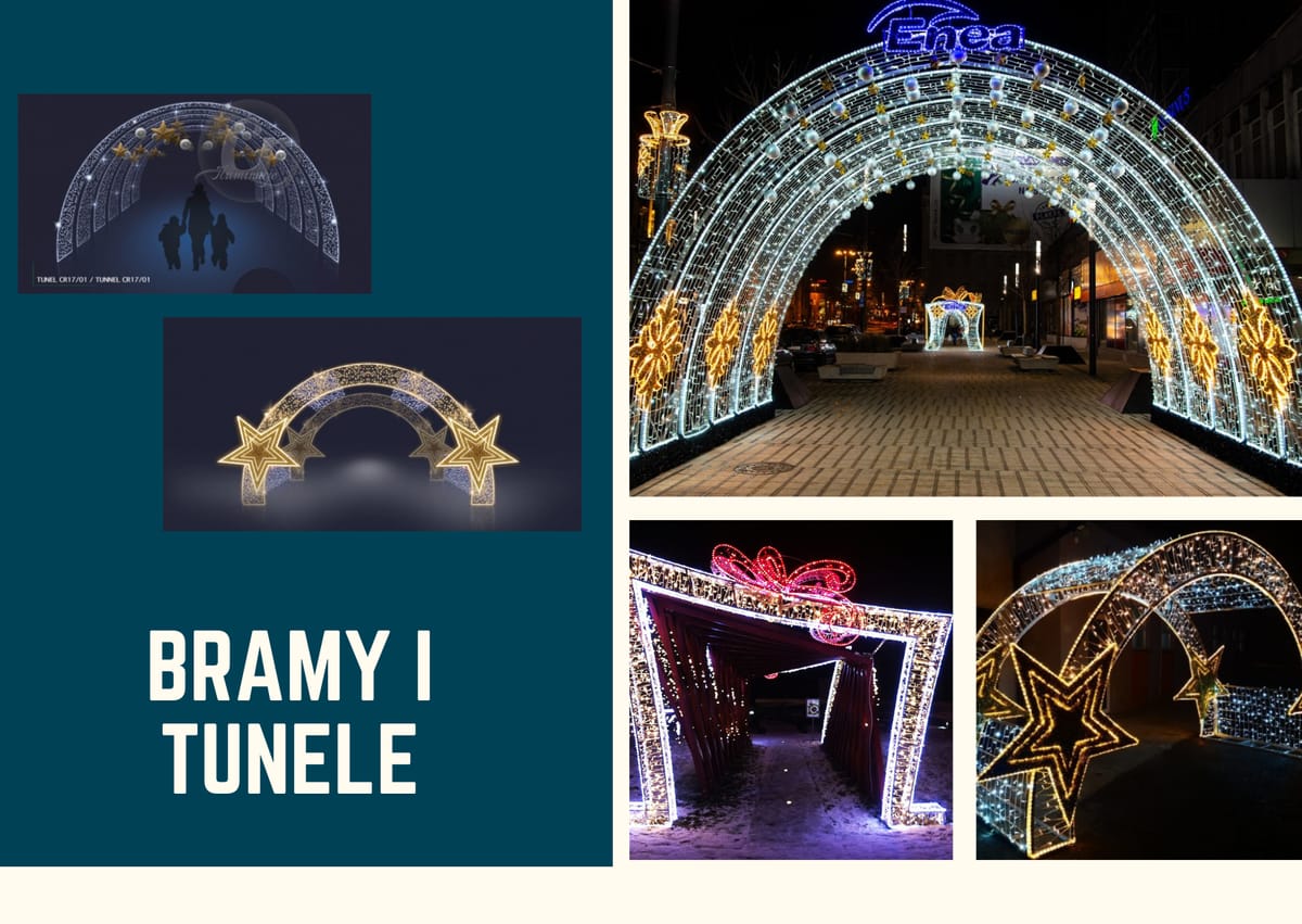 Karta „BRAMY I TUNELE”: cztery ujęcia świetlnych bram i tuneli — deptak z tunelem, brama z gwiazdą, kolorowy tunel i wizualizacja łuku