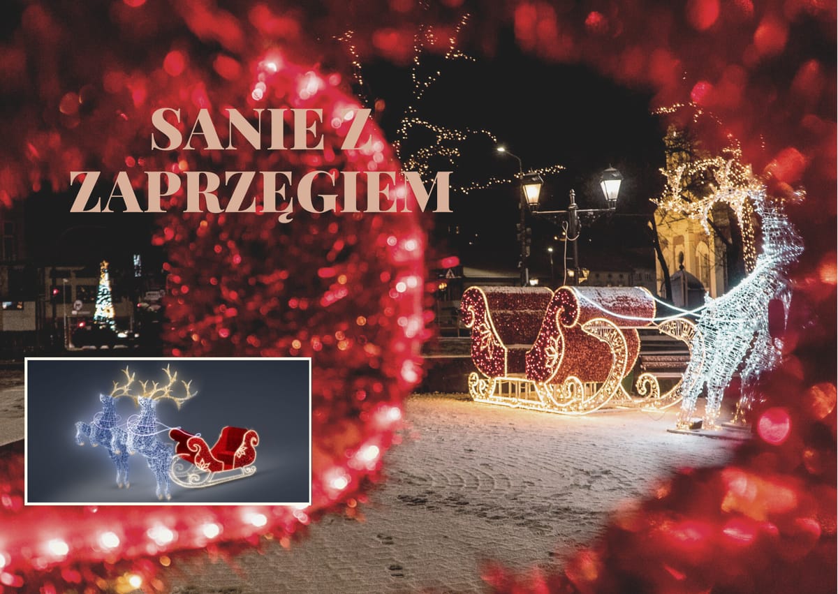 Karta „SANIE Z ZAPRZĘGIEM” na czerwonym tle: nocne zdjęcie czerwonych sań z białym reniferem oraz mniejsza wizualizacja zaprzęgu