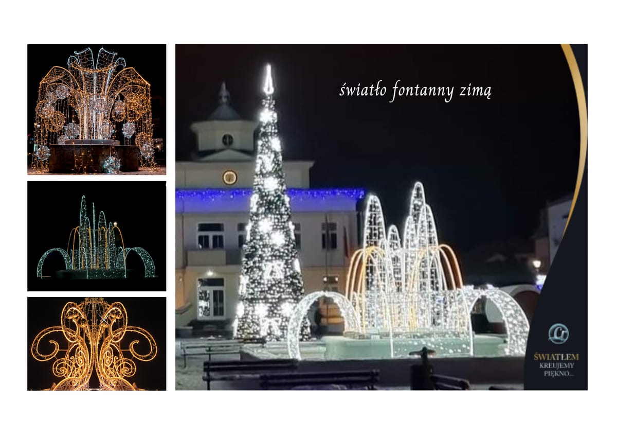 Kolaż trzech fontann świetlnych obok nocnego zdjęcia rynku z białą choinką i dużą złotą fontanną, napis „światło fontanny zimą”