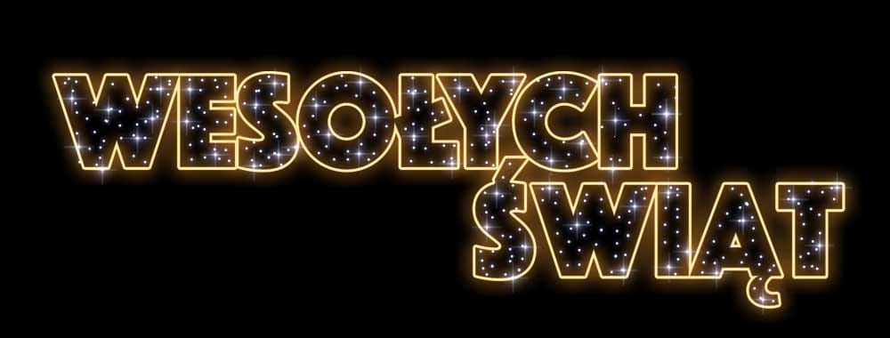 Świetlny napis „WESOŁYCH ŚWIĄT” w złotym konturze